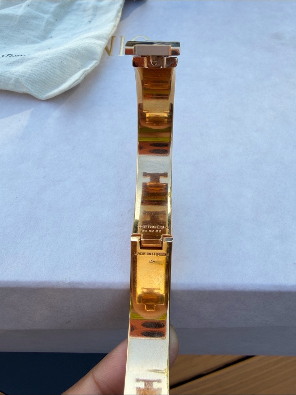 Hermes White and Gold Clic H Enamel Bracelet - Picture 6 of 6
